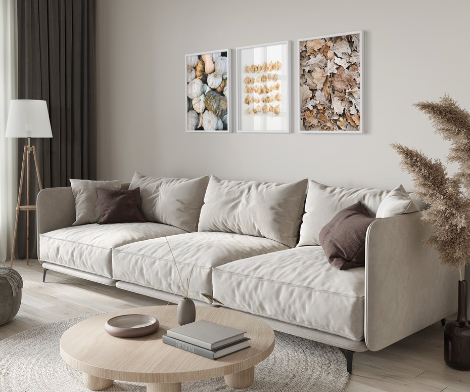 Zestaw obrazy w ramie 30x40 galeria - Jesień, liście, dynie, boho - rama biała