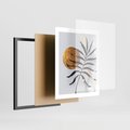 Plakat w ramie 40x50 - Grafika z Czarnym Liściem Palmy - czarny liść palmy, złóte kołó - rama czarna