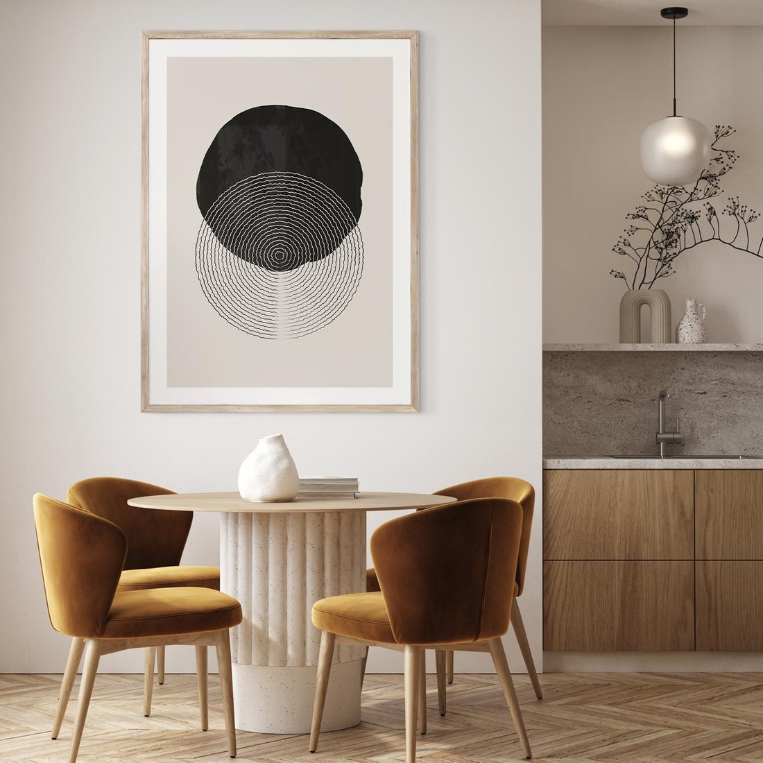 Plakat w ramie 30x40 - Boho Przenikanie Uroku - abstrakcyjna kompozycja, okręgi - rama drewno