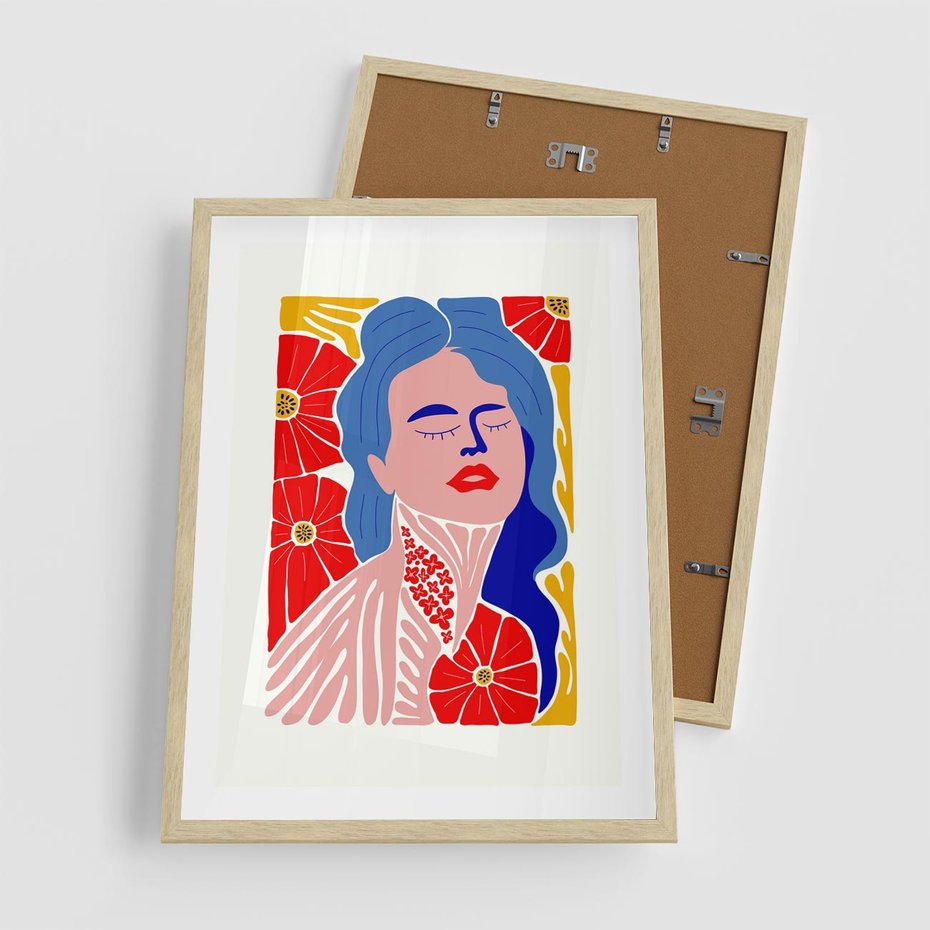 Plakat w ramie 50x70 - Nowoczesna Twarz - nowoczesna grafika, kolorowa twarz kobiety - rama drewno