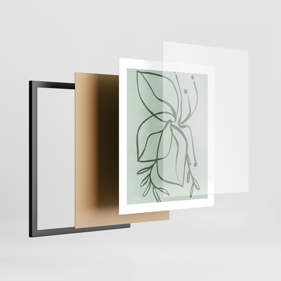 Plakat w ramie 40x50 - Energetyczne Odrodzenie Natury - abstrakcyjne delikatne zielone linie, podobne do gałęzi kwiatów - rama czarna