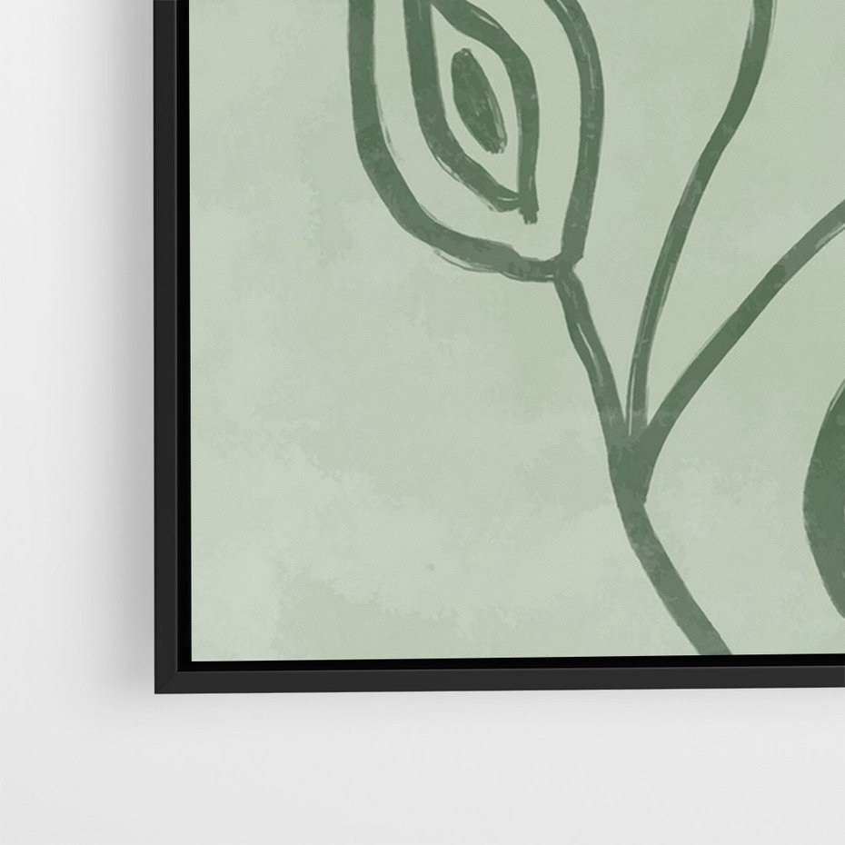 Obraz w ramie 70x100 - Szmaragdowy Oddech - abstrakcyjne delikatne zielone linie, podobne do gałęzi kwiatów - rama czarna