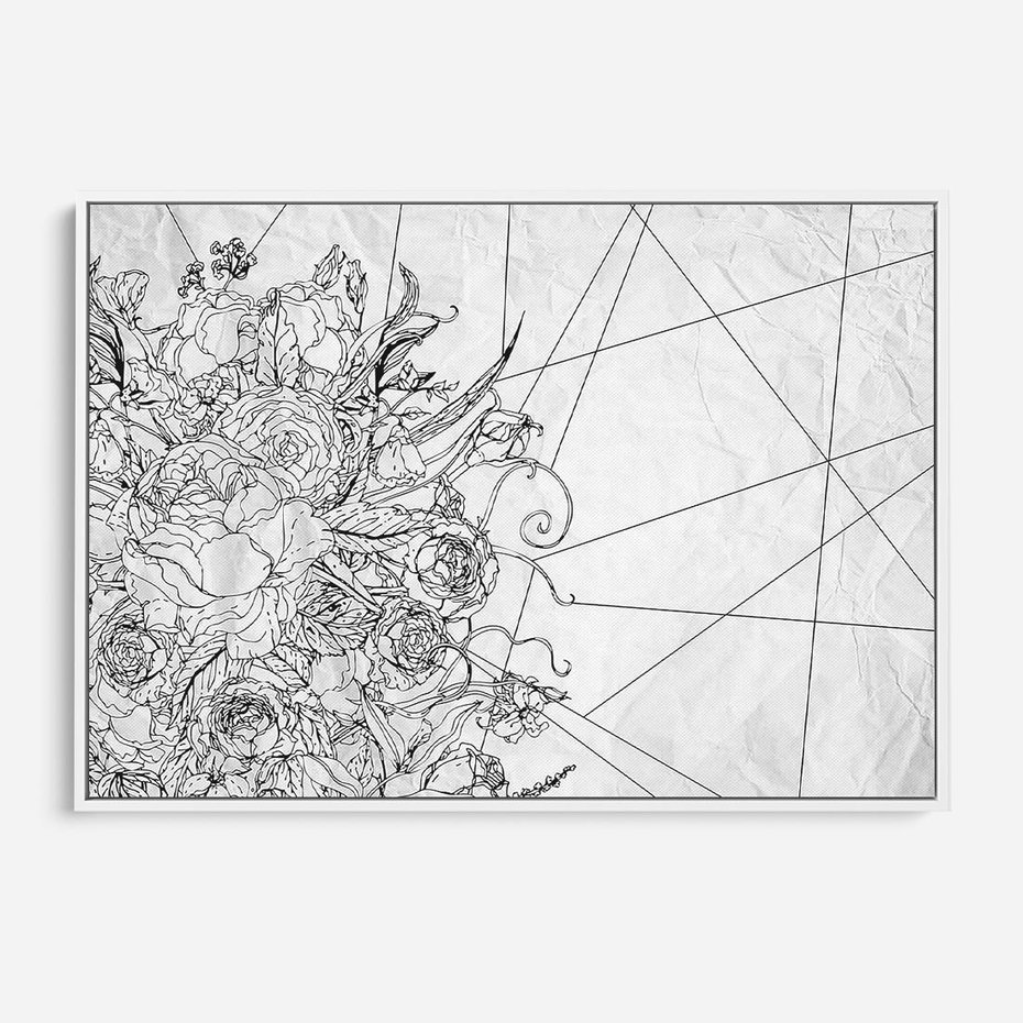 Obraz w ramie 100x70 - Refleksje w martwym punkcie - graficzny szkic, kompozycja kwiatów - rama biała