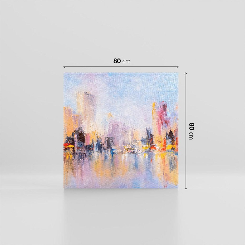 Obraz na płótnie 80x80 - Miasto Refleksji - olejna panorama miasta w oddali, wiezowce odbijają się w rzece