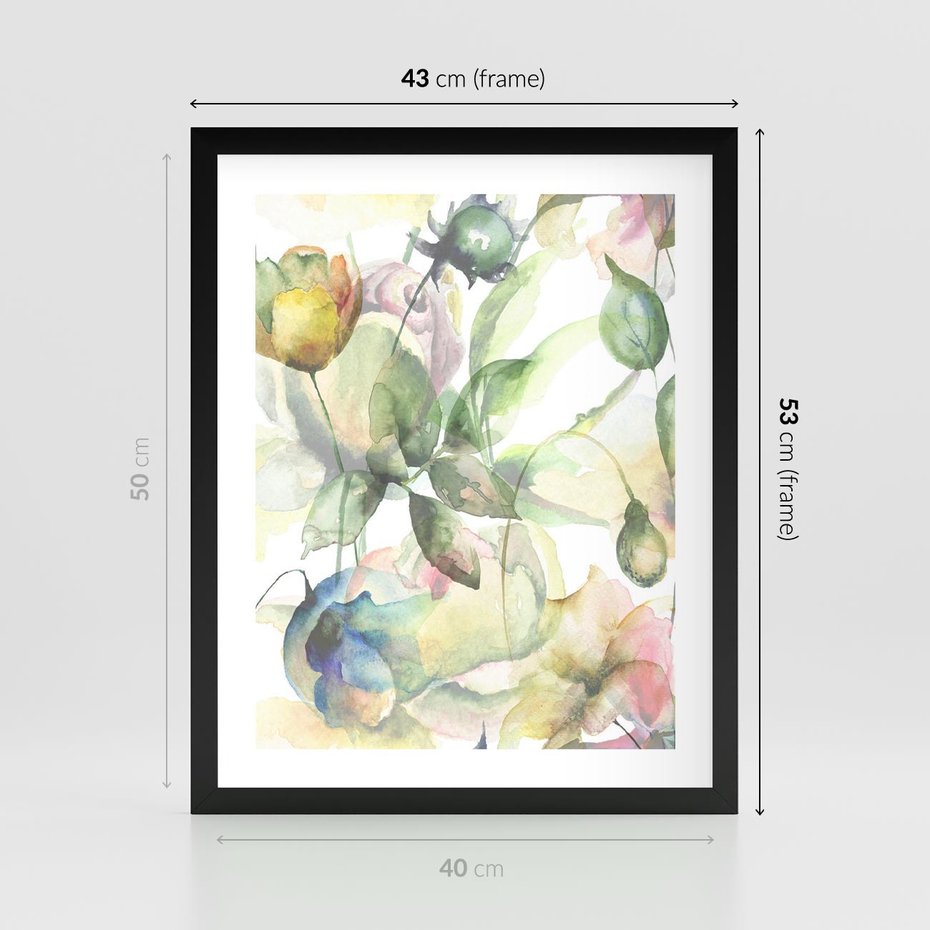 Plakat w ramie 40x50 - Delikatne Kolory - akwarelowe, kwiaty - rama czarna