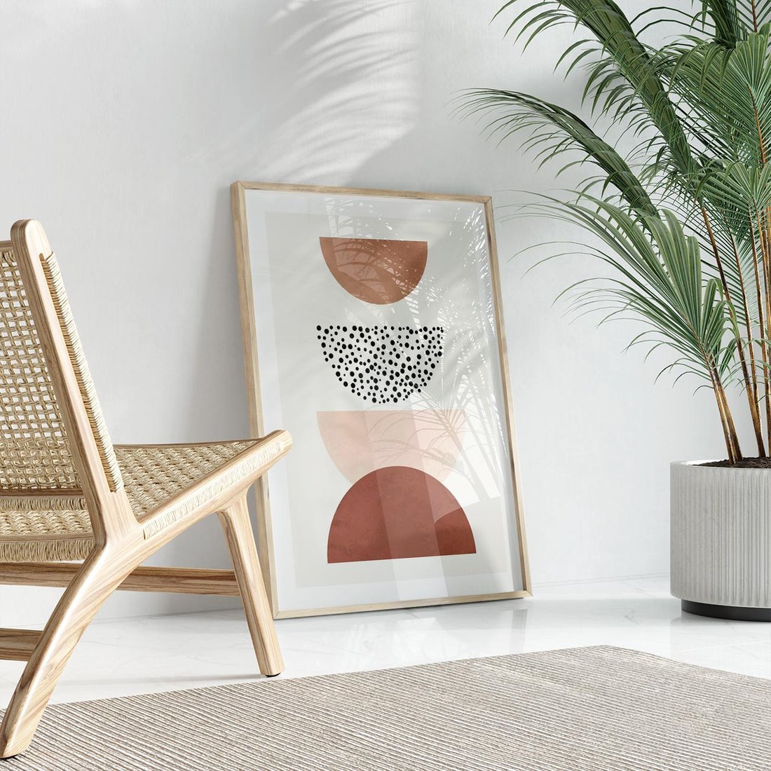 Plakat w ramie 50x70 - Geometryczna Harmonia w Brązach i Beżach - geometryczne kształty, brązy i beże - rama drewno