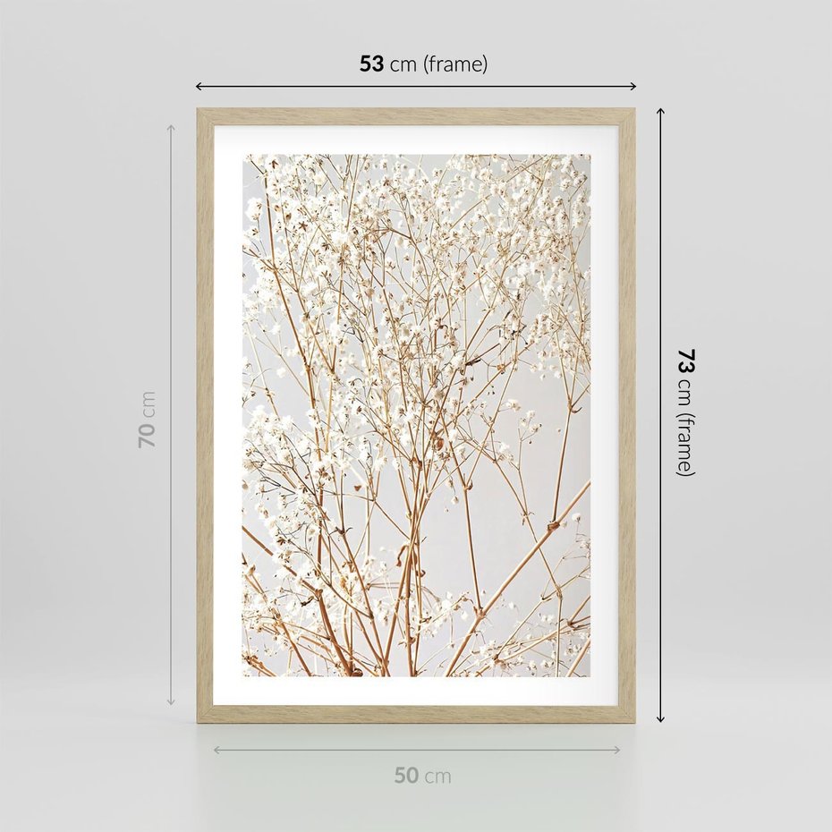 Plakat w ramie 50x70 - Minimalistyczna Delikatność - białe kwiaty, gipsówka - rama drewno