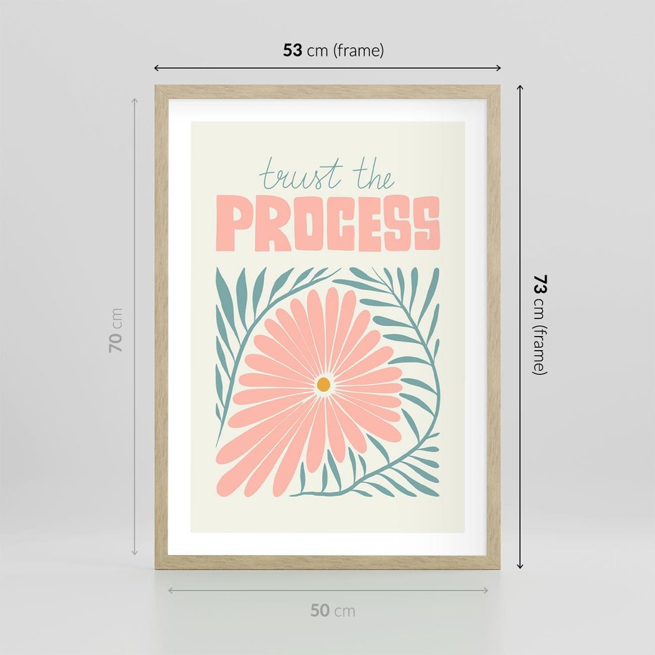 Plakat w ramie 50x70 - Symfonia Światła - typografia, pastelowa stokrotka - rama drewno