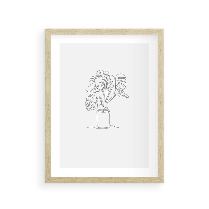 Plakat w ramie 30x40 - Tajemnicza Harmonia - sztuka one line, monstera - rama drewno