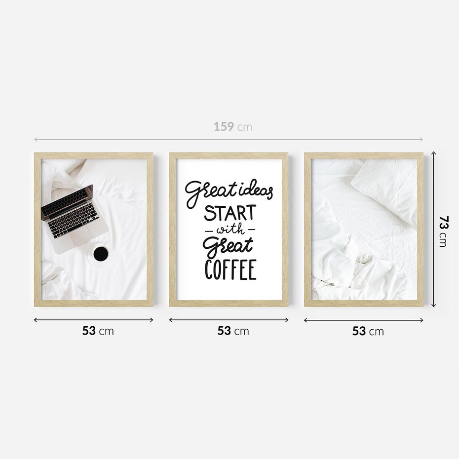 Zestaw obrazy w ramie 50x70 galeria - Kawa, praca, laptop, typografia - rama drewno