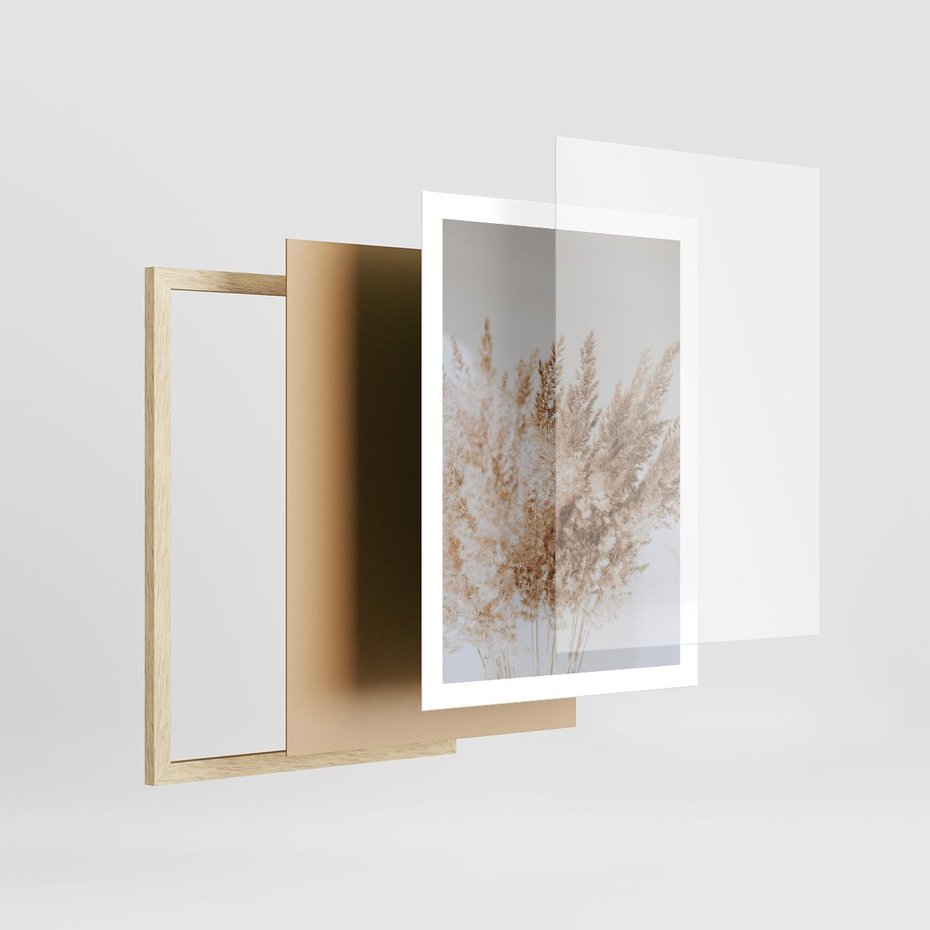 Plakat w ramie 50x70 - Boho Urok Traw Pampasowych - suche trawy, pampas - rama drewno