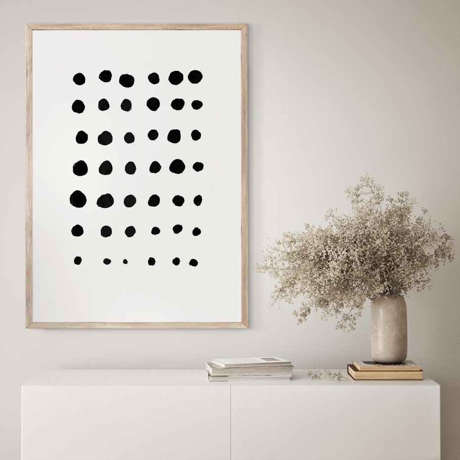 Plakat w ramie 30x40 - Refleksje Światła - minimalistyczna kompozycja, czarne kropkina białym tle - rama drewno