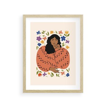 Plakat w ramie 40x50 - Rozplątane Emocje - nowoczesny plakat, kobieta otoczona kwiatami - rama drewno