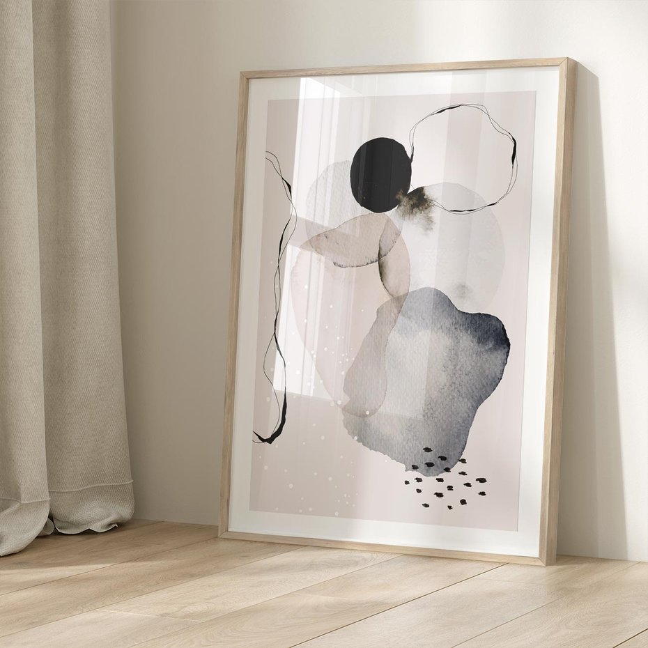 Plakat w ramie 40x50 - Migocące Barwy - abstrakcyjne plamy akwarelowe, czarny szkic - rama drewno