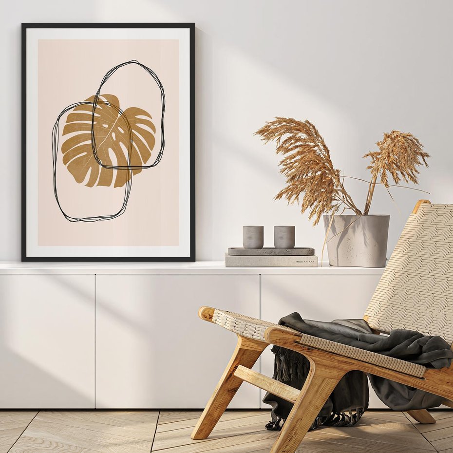 Plakat w ramie 40x50 - Liście w Beżowym Minimalizmie - minimalistyczny obraz, liście monstery - rama czarna