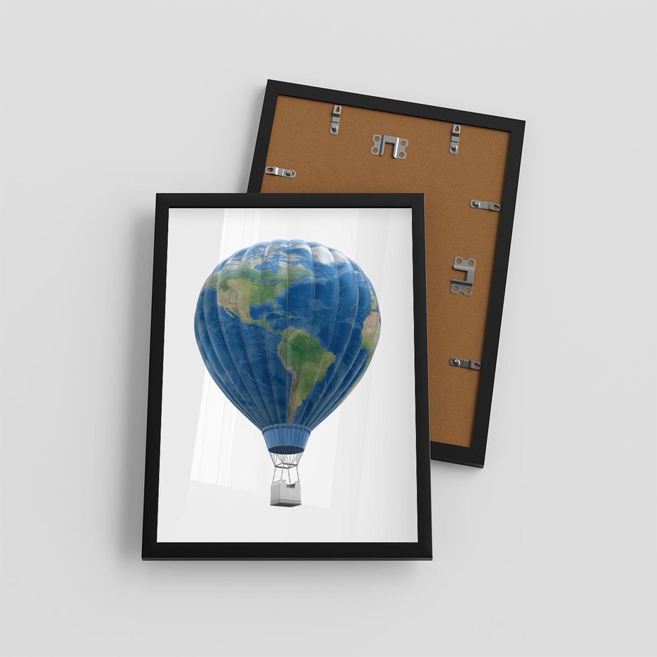 Plakat w ramie 30x40 - Podróżniczy balon nad ziemią - balon, ziemia - rama czarna