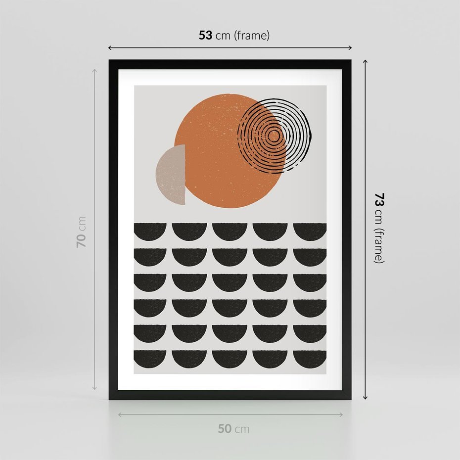 Plakat w ramie 50x70 - Geometryczna Ekspresja - geometryczny graficzny obraz, pomarańczowe koło - rama czarna