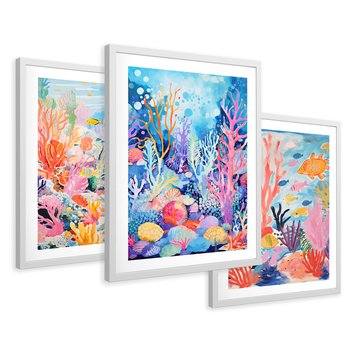 Zestaw obrazy w ramie 50x70 galeria - morze, rybki, akwarela, rafa, koralowa - rama biała