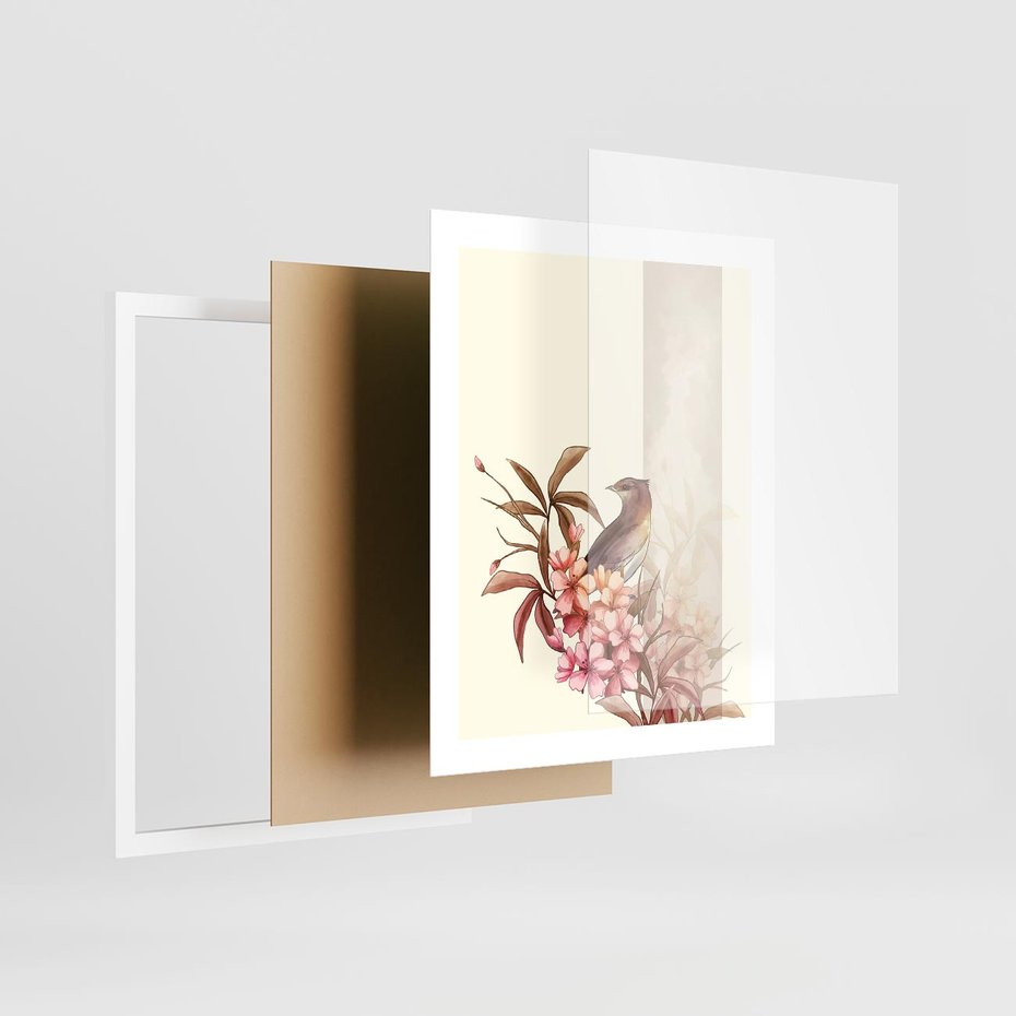 Plakat w ramie 40x50 - Kwiatowe Zanurzenie - japońska sztuka, ptak - rama biała
