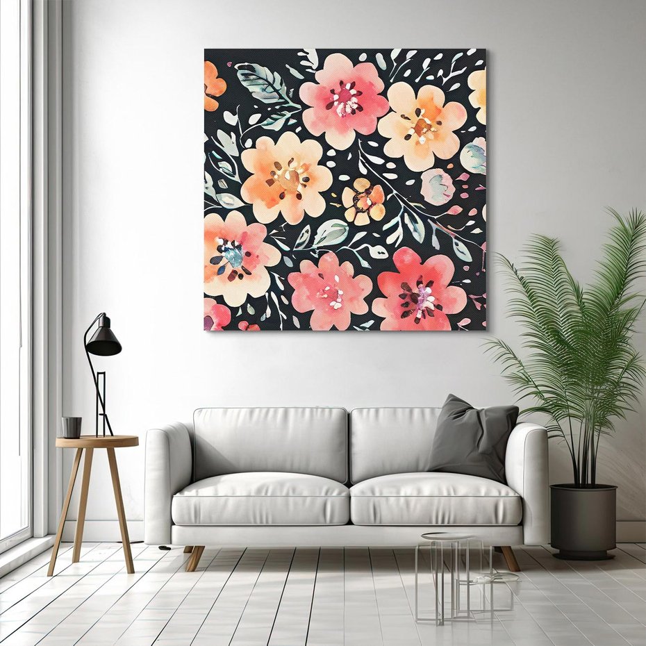 Obraz na płótnie 70x70 - Labirynty melancholii - akwarelowe, pastelowe kwiaty na czarnym tle