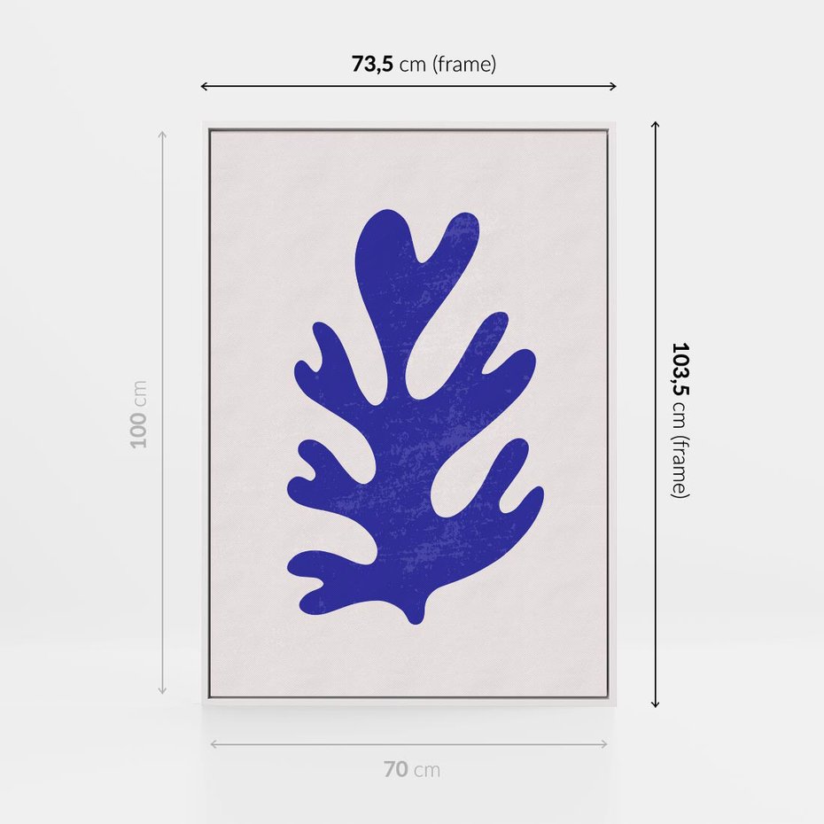 Obraz w ramie 70x100 - Przenikająca Struktura - boho plakat, niebieski liść w intensywnym kolorze - rama biała