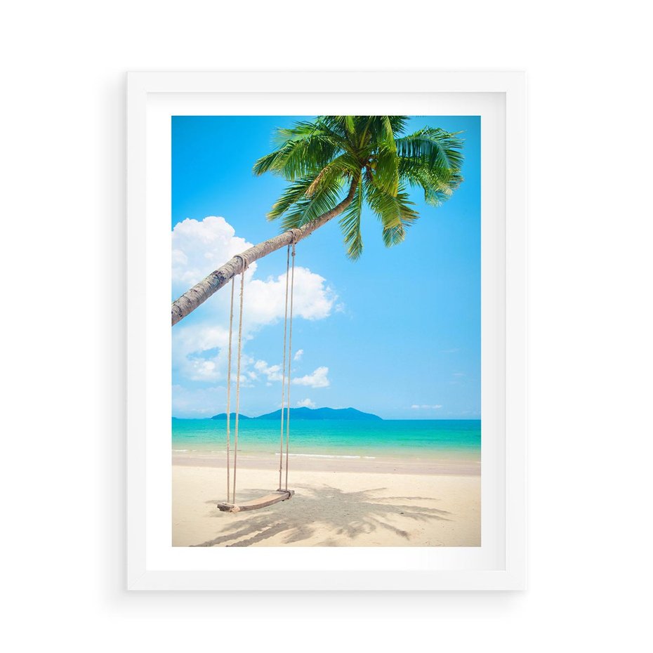 Plakat w ramie 50x70 - Hawajska palma i huśtawka na plaży - palma, huśtawka - rama biała