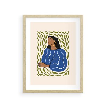 Plakat w ramie 50x70 - Rozbite Barwy - nowoczesny plakat, kobieta otoczona liśćmi - rama drewno