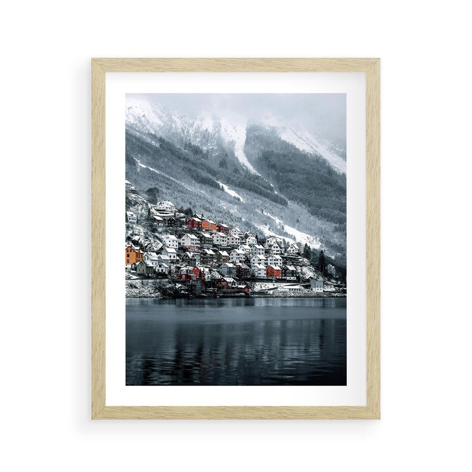 Plakat w ramie 40x50 - Skandynawia na Wzgórzach - domki na wzgórzu, skandynawia - rama drewno