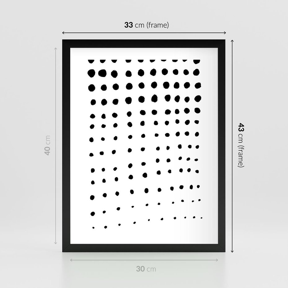 Plakat w ramie 30x40 - Abstrakcyjna Transformacja - abstrakcyjna kompozycja z czarnych kropek, minimalistyczny czarno bialy plakat - rama czarna