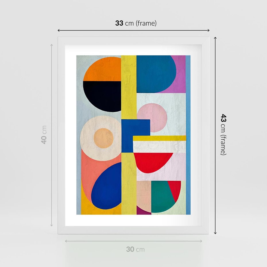 Plakat w ramie 30x40 - Harmonia Kolorowych Impulsów - abstrakcyjne geometryczne kształty, olejny obraz - rama biała