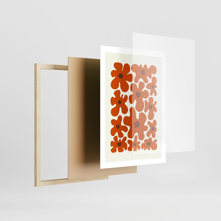 Plakat w ramie 50x70 - Wibracje Przestrzeni - abstrakcyjne czerwone kwiaty, kompozycja - rama drewno