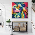 Obraz w ramie 50x50 - Tęczowy Lew - akwarela, tęczowy lew - rama drewno