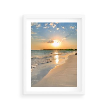 Plakat w ramie 50x70 - Zachód słońca na plaży - plaża, zachód - rama biała