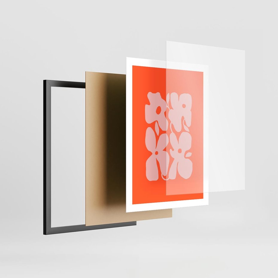 Plakat w ramie 50x70 - Taniec Abstrakcji - kwiaty, energetyczne pomarańczowe tłó - rama czarna