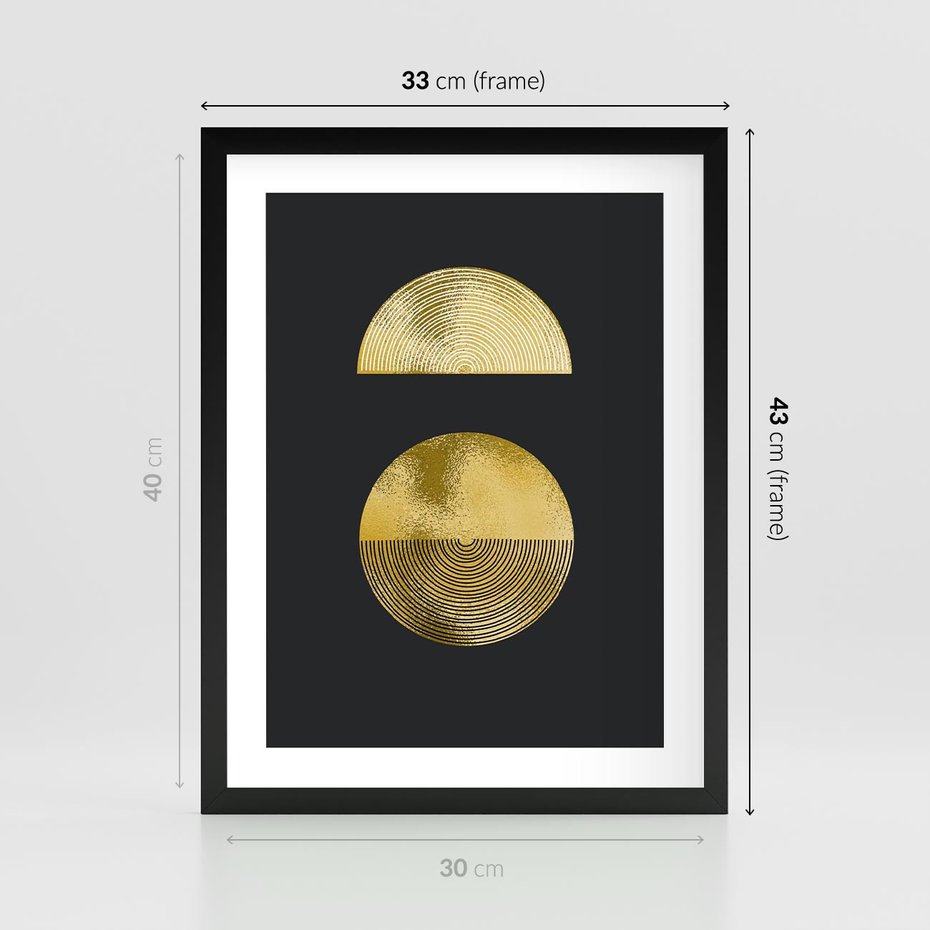 Plakat w ramie 30x40 - Migotliwe Przeniknięcia - złote koła, czarne tło - rama czarna