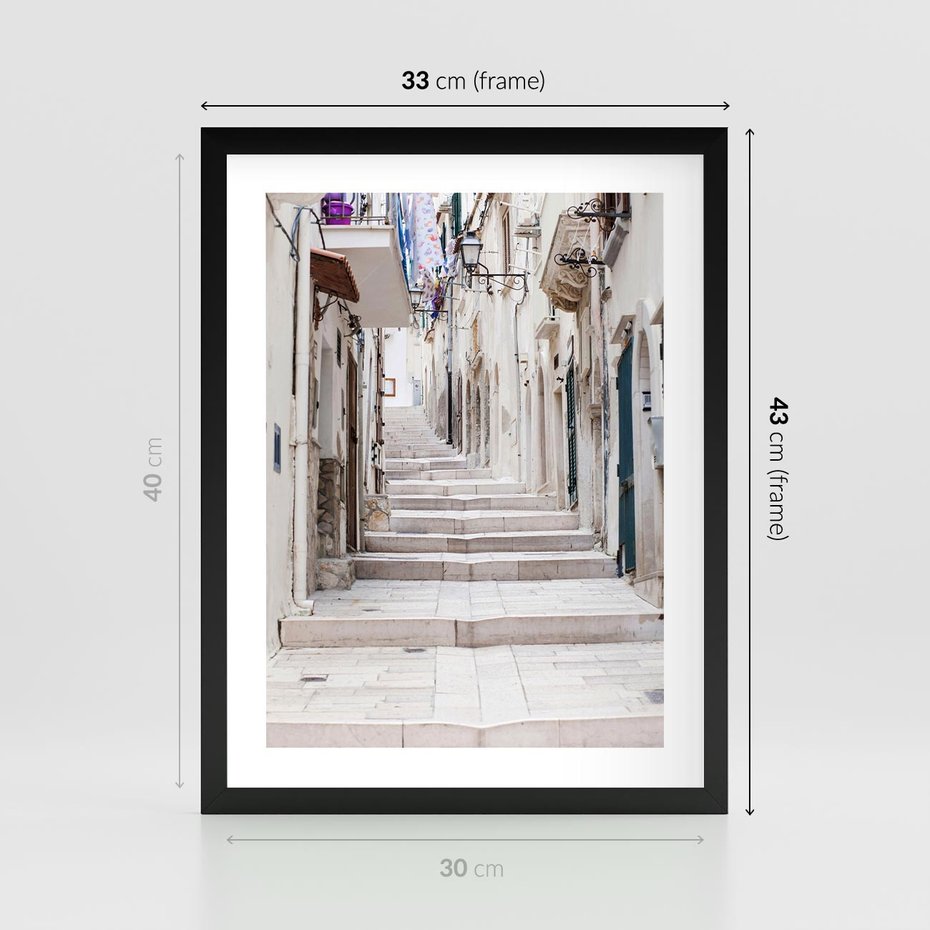 Plakat w ramie 30x40 - Urokliwa uliczka w perspektywie - uliczka, perspektywa - rama czarna