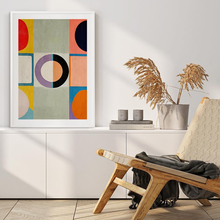 Plakat bez ramy 21x30 - Taniec Kształtów Emocji - abstrakcyjne geometryczne kształty, olejny obraz