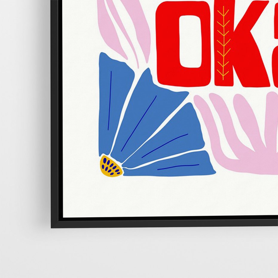 Obraz w ramie 70x100 - Kwiatowa Ekstaza - czerwona pozytywna typografia, kwiatowa kompozycja - rama czarna