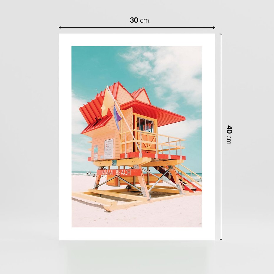 Plakat bez ramy 30x40 - Rajski Widok - plaża miami, domek ratownika