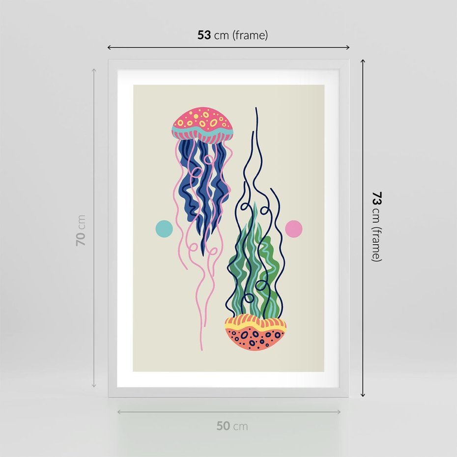 Plakat w ramie 50x70 - Morskie Pulsacje - nowoczesny optymistyczny plakat, kolorowe meduzy - rama biała