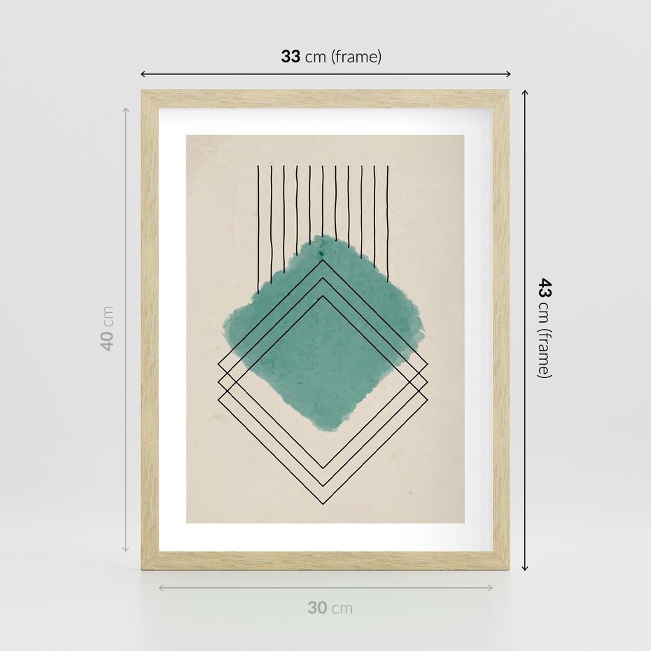 Plakat w ramie 30x40 - Impresje Przestrzeni - akwarelowa plama, geometryczne szkicowane kształty - rama drewno