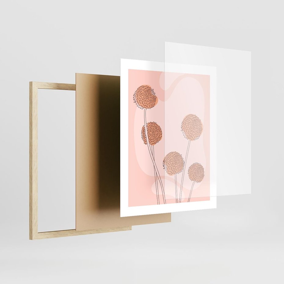 Plakat w ramie 40x50 - Rozkwitające Emocje - minimalistyczny plakat, pudrowe kwiaty - rama drewno