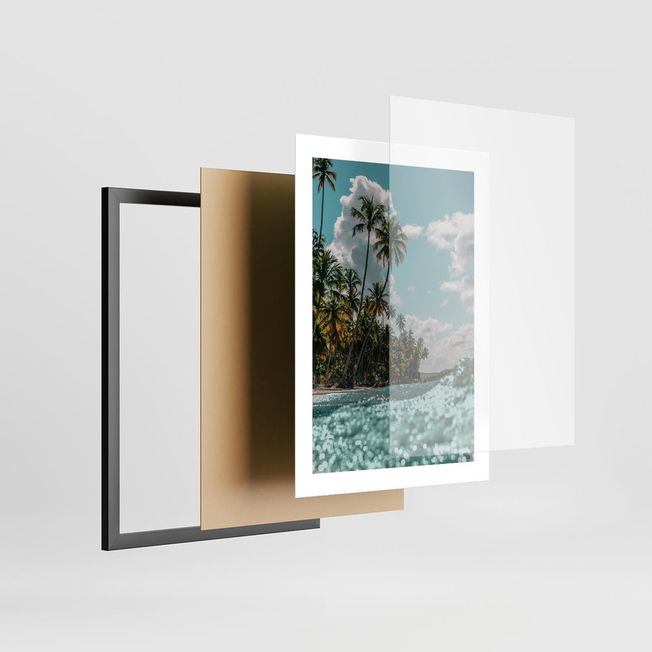 Plakat w ramie 30x40 - Rajskie Wakacje - plaża, palmy - rama czarna