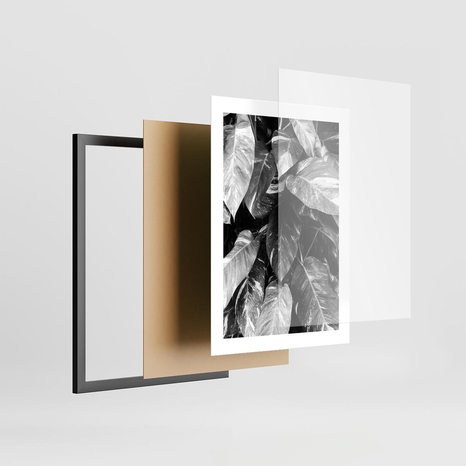 Plakat w ramie 30x40 - Liście w Czarno-Białej Fotografii - liście, roślina - rama czarna