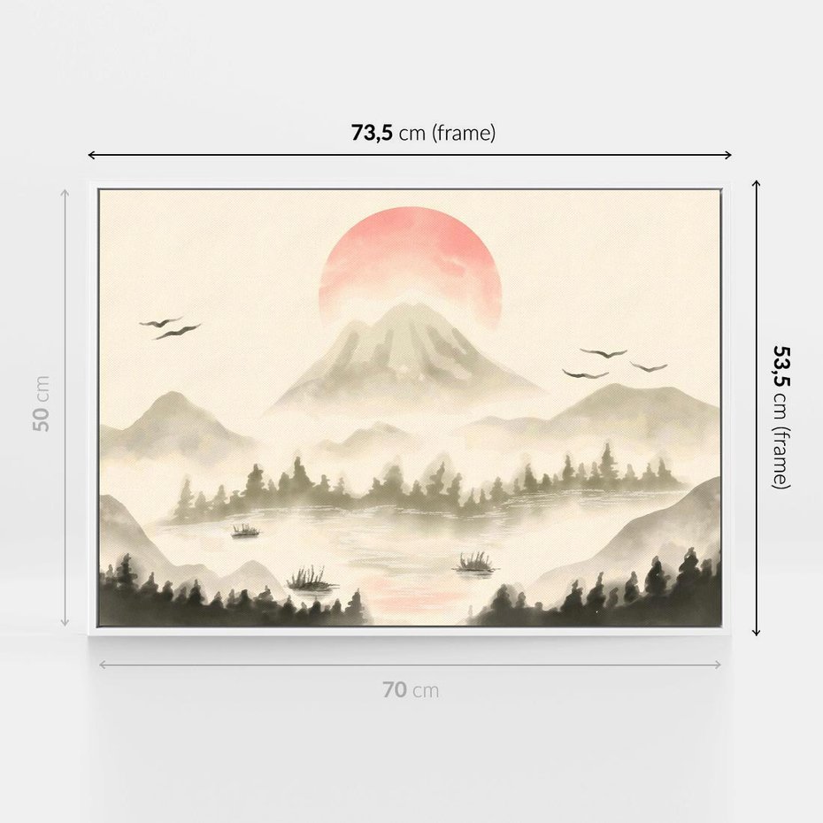 Obraz w ramie 70x50 - Przyroda Japonii - japońska akwarela, góry - rama biała