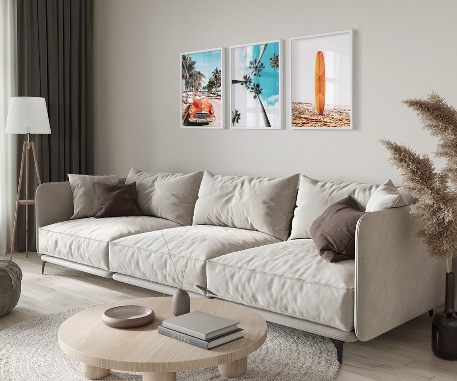 Zestaw obrazy w ramie 50x70 galeria - Plaża, surfing, garbus, morze, plaża - rama biała