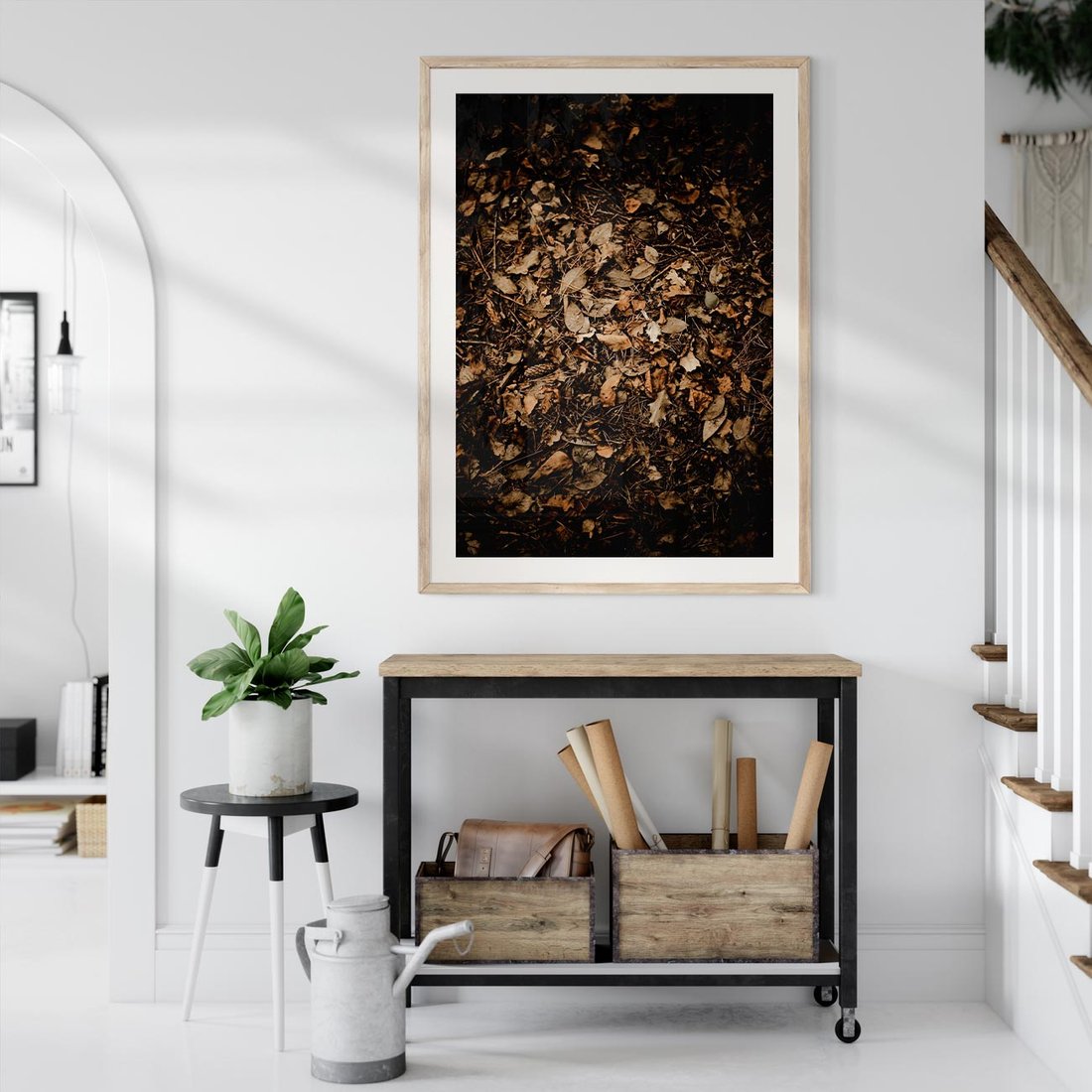 Plakat w ramie 40x50 - Brązowe Liście w Scenerii - suche liście jesień brąz - rama drewno