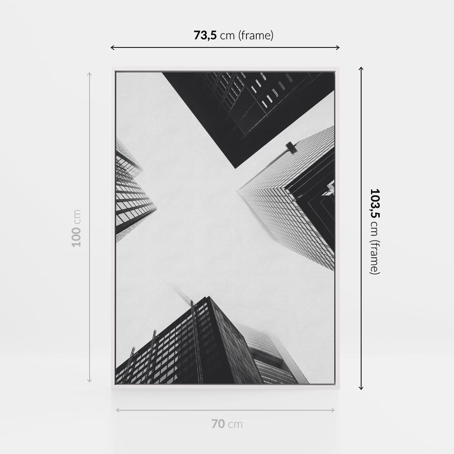 Obraz w ramie 70x100 - Nowoczesna Dynamika - perspektywa, wieżowce - rama biała