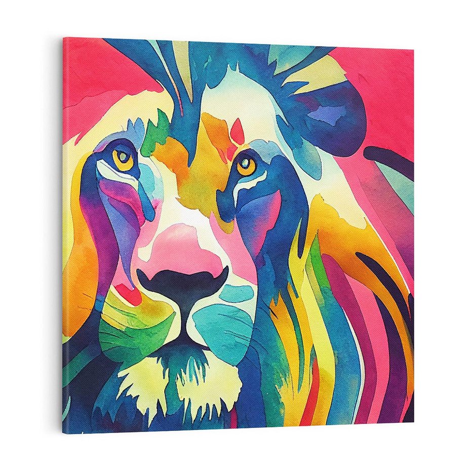 Obraz na płótnie 70x70 - Tęczowy Lew - akwarela, tęczowy lew