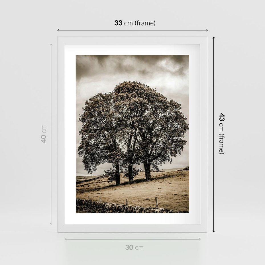 Plakat w ramie 30x40 - Spokojna Osamotniona Chwila - beżowe kolory, samotne drzewo na polu - rama biała